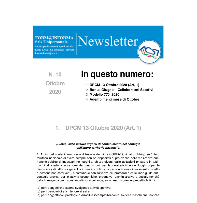 Newsletter Fiscale ACSI n 10 Ottobre 2020